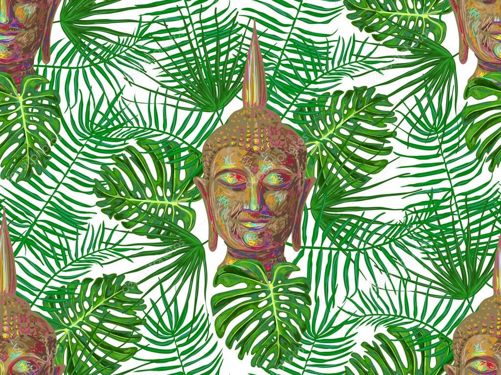 Seamless hippie pattern with Buddha head, palm leaves. Thai god, yoga zen. Esoteric background perfect for wallpaper, pattern fill, web page, surface texture, textile. Indian Buddhism spiritual art
