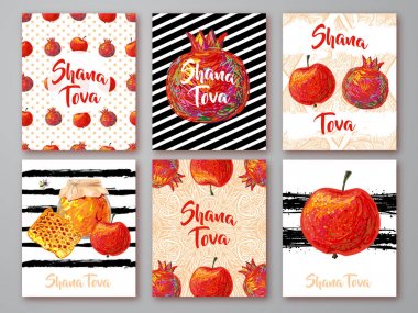 Rosh Hashanah sembollü tebrik kartları seti (nar, elma, bal). Yahudi yeni yıl kutlaması tasarımı. Mutlu Shana Tova 'lar. İsrail 'de mutlu yıllar. Arkaplan. Rosh Hashanah koleksiyonu