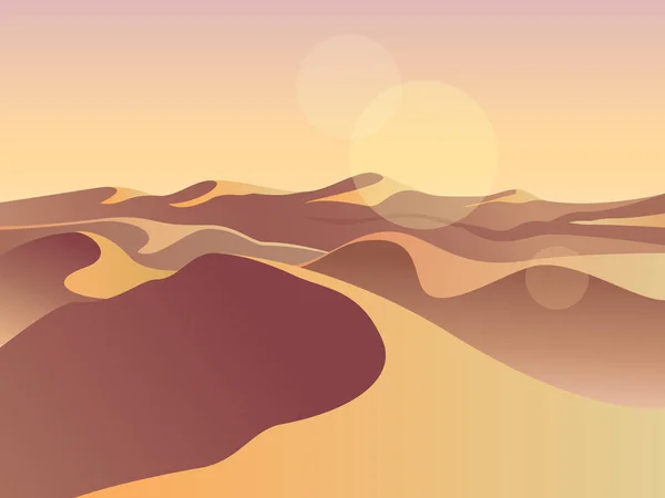 Deserto d'oro al tramonto. Dune di sabbia. Illustrazione vettoriale di progettazione del paesaggio. Medio Oriente deserto montagne arenaria sfondo. La sabbia nella natura — Vettoriale Stock