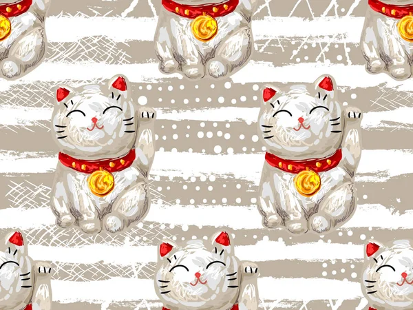Seamless Pattern Vector Illustration Beckoning Cat Japanese Lucky Cat White — Stock Vector