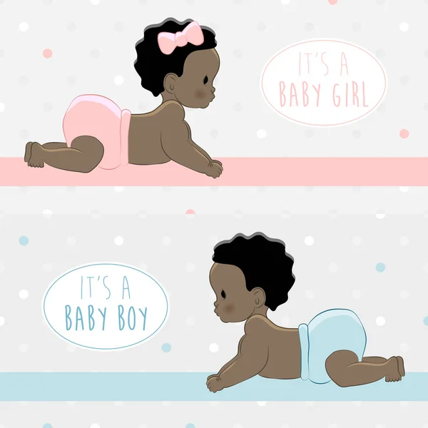 Είναι ένα αγόρι! Είναι ένα κορίτσι! Baby ντους ευχετήρια κάρτα με μωρά αγόρι και κορίτσι. Μικρά νεογέννητα μαύρο αφρικανικό αμερικανικό αγόρι και μωρό κορίτσι — Διανυσματικό Αρχείο