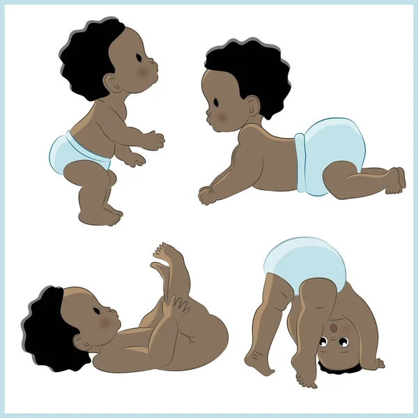 Set van vectorillustraties met schattig zwarte weinig pasgeboren baby's. Donkere huid, zwarte ogen. Afro-Amerikaanse kinderen. Witte achtergrond — Stockvector