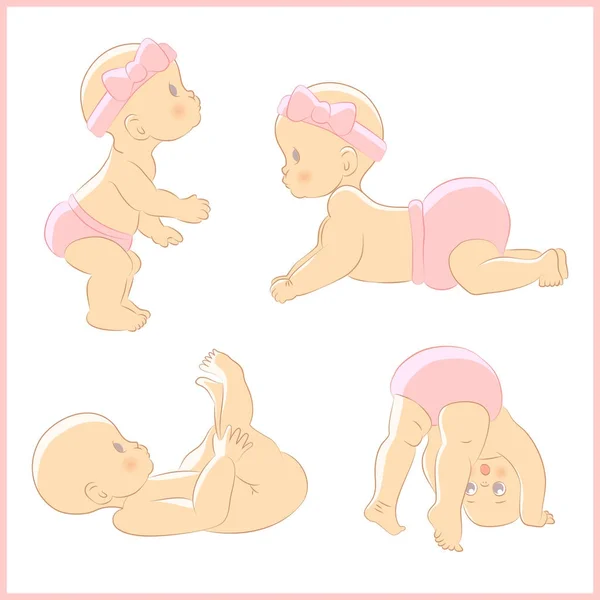Set van vector illustraties met schattige kleine pasgeboren meisje baby 's — Stockvector