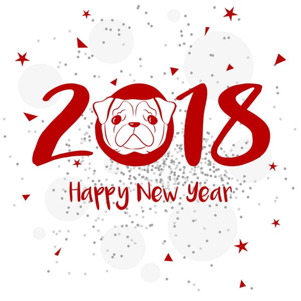 Happy New Year. 2018 with dog head. Vector background. Design for greeting card, poster, banner and flyers