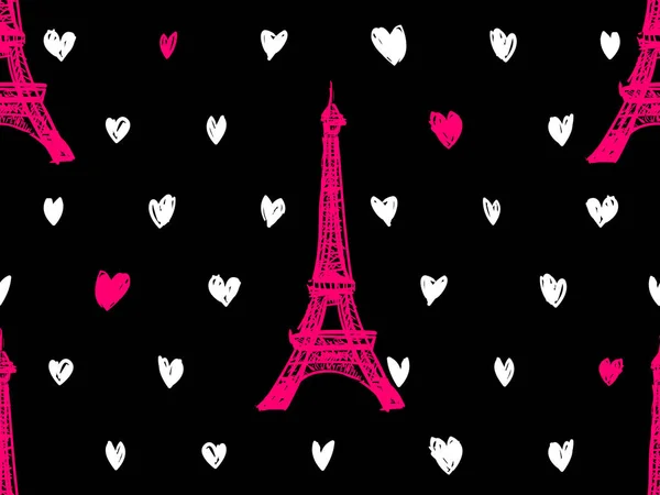 Nahtloses Pariser Muster mit Eiffelturm und Herzen. französischer Vektor-Hintergrund. perfekt für Tapeten, Web-Seite Hintergrund, Oberflächentextur, Textil, Einladung, Kleidung, Designs Produkt, Accessoires — Stockvektor