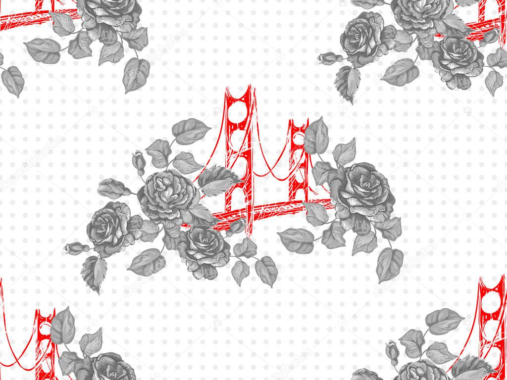 Seamless Paris pattern with Golden Gate Bridge and roses flowers