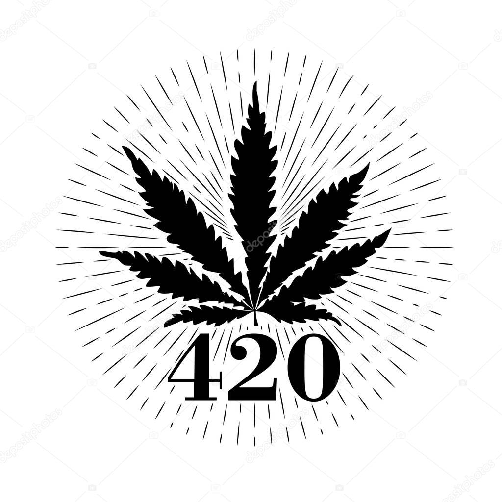 Marijuana. Cannabis leaf. Text 420. Hipster emblem. Monochrome graphic style. Badge. Abstract design vector illustration