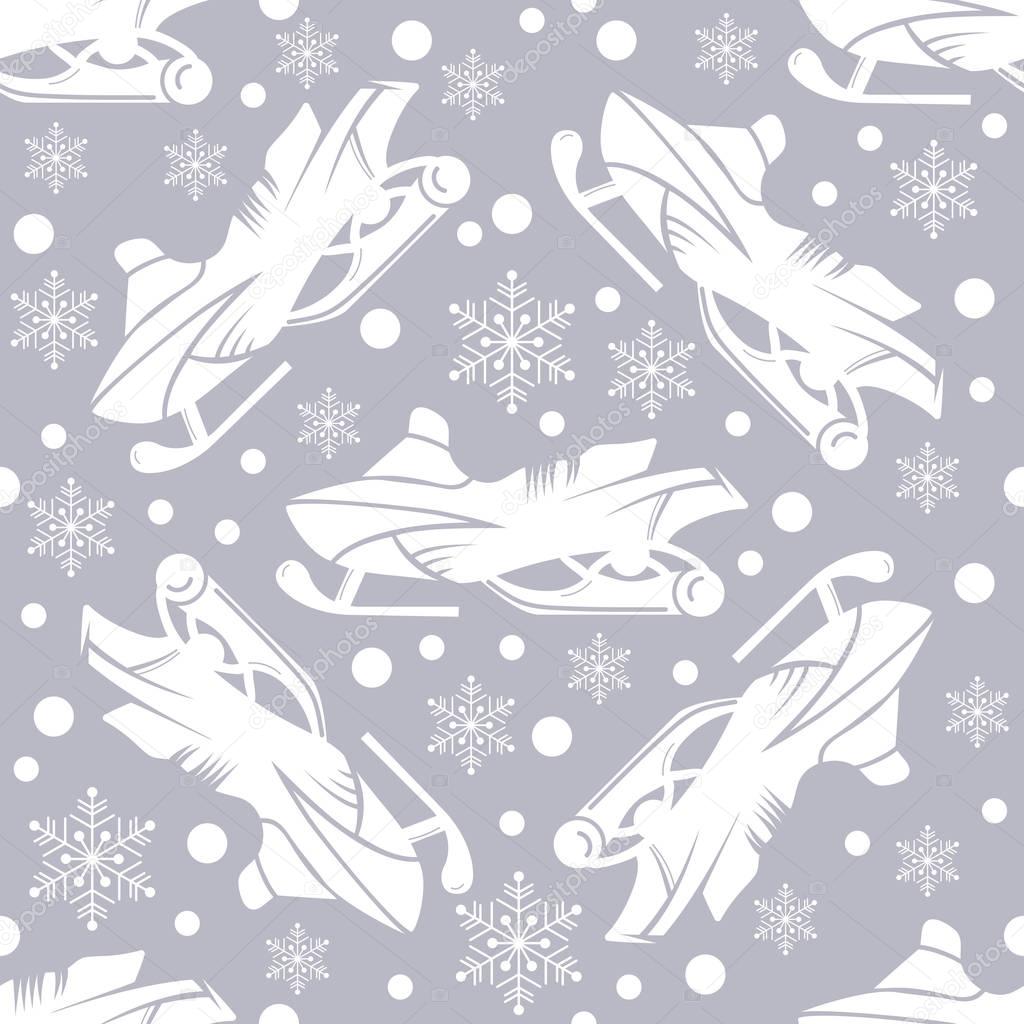 Seamless pattern with snowmobiling design vector background. Perfect for wallpapers, pattern fills, web page backgrounds, surface textures, textile. Snowmobile winter riding trip. Sport. Retro design