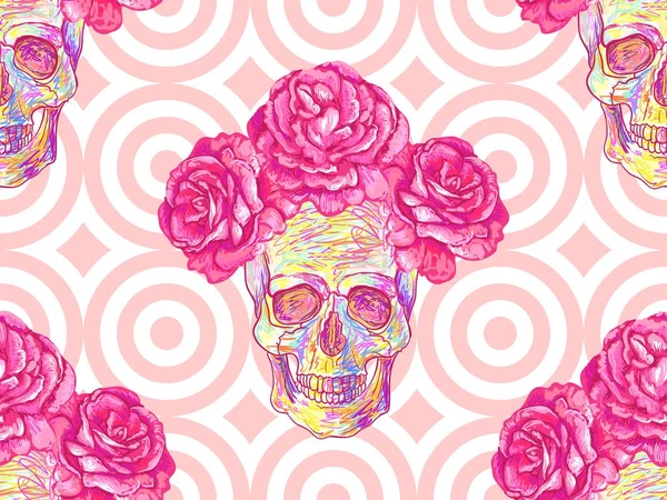 Nahtloses mexikanisches Muster mit Totenköpfen und Rosen. rosa Blumen Sommer Design Vektor Hintergrund. perfekt für Tapeten, Musterfüllungen, Webseiten-Hintergründe, Oberflächentexturen, Textilien — Stockvektor