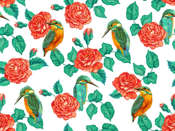 Бесшовный рисунок с розами и птицами. Роза цветочный дизайн векторный фон. Перфект для обоев, шаблонных наполнителей, задней части веб-страниц, текстур поверхностей, текстиля — стоковый вектор