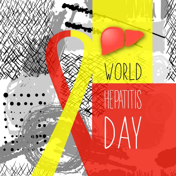 Día Mundial de la hepatitis. Hígado. Trastorno hepático (cirrosis, cáncer hepático, hepatitis). Cinta roja amarilla. Ilustración del vector médico. Asistencia sanitaria — Vector de stock