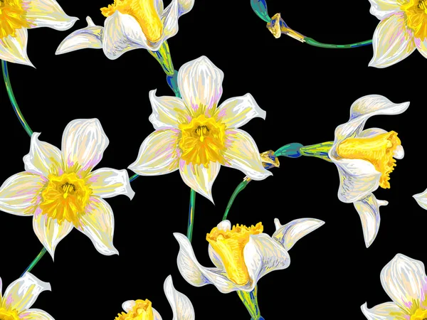 Sömlös våren vita narcisser blommönster. Vector bakgrund — Stock vektor