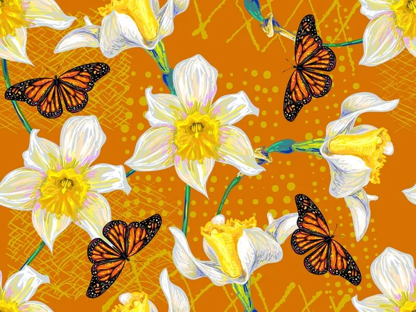 Primavera sem costura narciso branco e borboleta padrão floral — Vetor de Stock