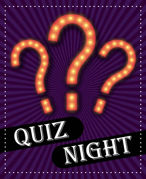 Quiz noite anúncio cartaz design web banner fundo vetor ilustração. Teste de pub realizado em um pub ou bar, boate. Moderno jogo de equipa de pub. Perguntas jogo brilhando banner luz retro —  Vetores de Stock