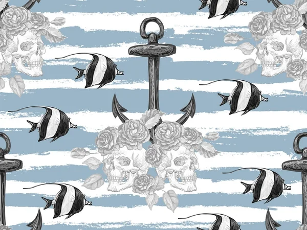 Seamless pattern with skull, rose flower, fish, anchor. Ocean background. Vacation, summer travel. Sea life texture. Perfect for wallpaper, pattern fill, web page background, surface textures, textile