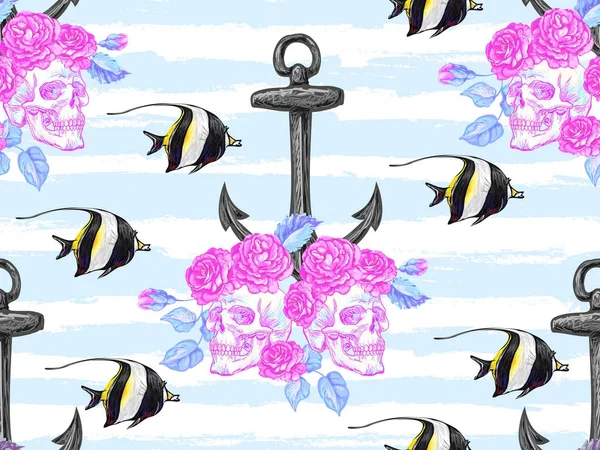 Patrón sin costuras con cráneo, flor de rosa, peces, ancla. Océano ba — Vector de stock