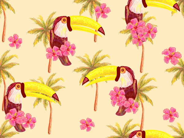 Patrón de selva inconsútil con aves exóticas tucanas, palmeras, fondo de vector de flor de hibisco tropical — Archivo Imágenes Vectoriales