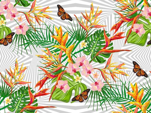 Modèle tropical sans couture avec des feuilles exotiques, fleurs, papillons fond vectoriel — Image vectorielle