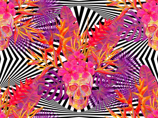 Motif tropical estival sans couture avec crânes, feuilles de palmier et fleurs exotiques vecteur backgrou — Image vectorielle