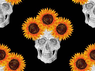 Kafatası ve ayçiçeği ile sorunsuz yaz tropikal desen vektör arka plan. Duvar kağıtları, desen dolgularını, web sayfası arka planlar, yüzey dokuları, tekstil için mükemmel