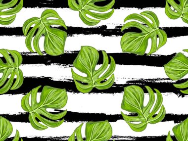 Egzotik palmiye ile sorunsuz yaz tropikal desen vektör arka plan bırakır. Duvar kağıtları, desen dolgularını, web sayfası arka planlar, yüzey dokuları, tekstil için mükemmel