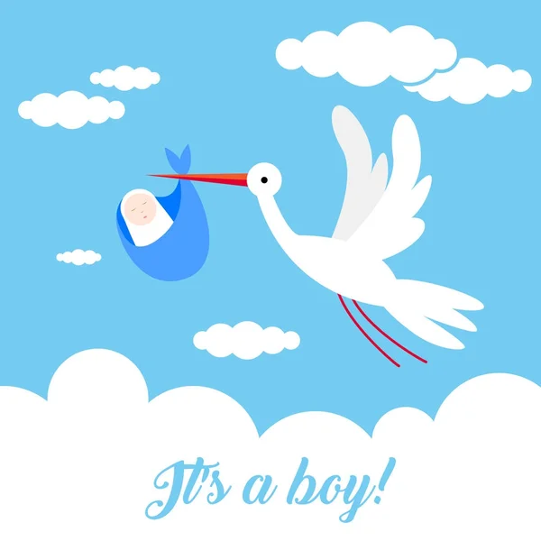 It's a boy! Stork bird animal character flying through the sky holding a newborn baby. Classic myth of stork bird delivering a new born baby