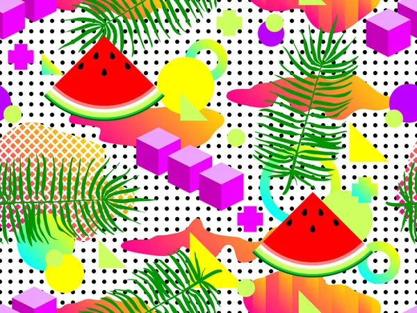 Seamless summer geometric pattern with watermelon in retro 80s 90s style. Abstract vector retro memphis design. Perfect for wallpapers, pattern fill, web background, surface texture, textile — Stock Vector