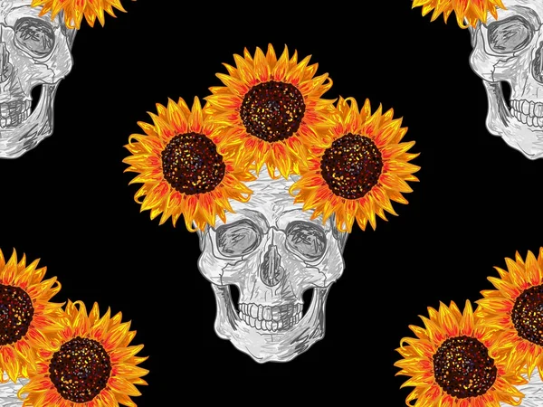 Seamless summer tropical pattern with skull and sunflowers vector background. Perfect for wallpapers, pattern fills, web page backgrounds, surface textures, textile — Stock Vector