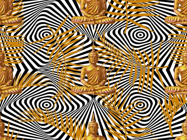 Sömlös hippies mönster med sittande Buddha, palmblad. Thailändska Gud yoga zen. Esoteriska bakgrunden perfekt för mönsterfyllning, ytstruktur, webbsida, tapet, textil. Indisk Buddhism andlig konst — Stock vektor