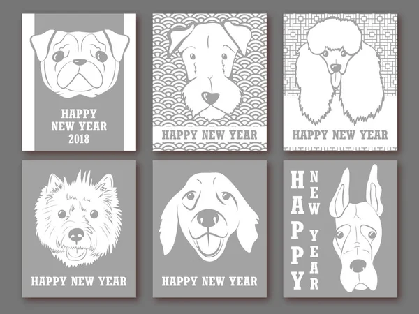 Szczęśliwego nowego roku 2018 r. Zestaw kart okolicznościowych, zaproszenie, plakat projekt szablonów z psami. Zimowy projekt. Chiński tło z słodkie psy. Tło wakacje — Wektor stockowy