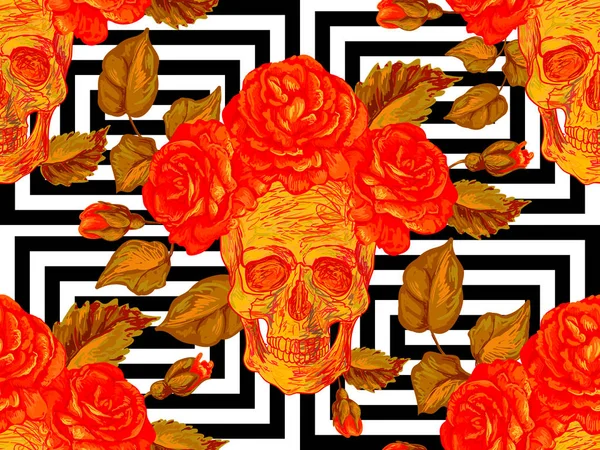 Naadloze Mexicaanse patroon met schedels en rozen. Rose bloemen zomer ontwerp vector achtergrond. Perfect voor achtergronden, opvulpatronen, web-pagina-achtergronden, oppervlakte texturen, textiel — Stockvector