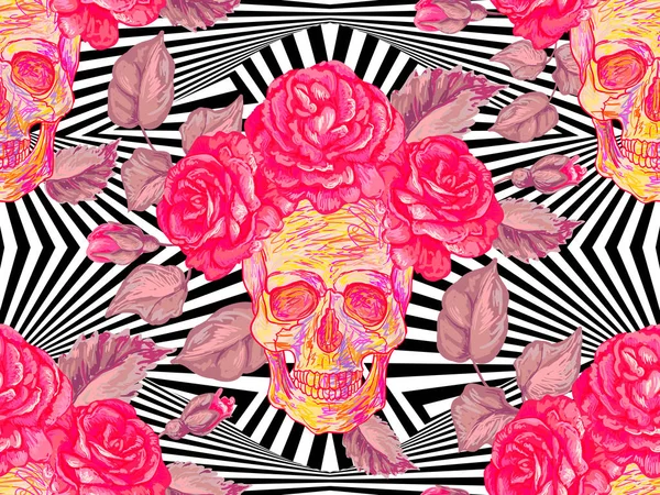 Patrón mexicano sin costuras con cráneos y rosas. Rose floral verano diseño vector de fondo. Perfecto para fondos de pantalla, rellenos de patrones, fondos de página web, texturas superficiales, textiles — Archivo Imágenes Vectoriales