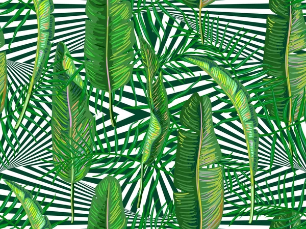 바나나와 함께 완벽 한 열 대 패턴 벡터 배경 나뭇잎. 벽지, 패턴 채우기, 웹 페이지 배경, 표면 질감, 섬유에 대 한 완벽 한 — 스톡 벡터