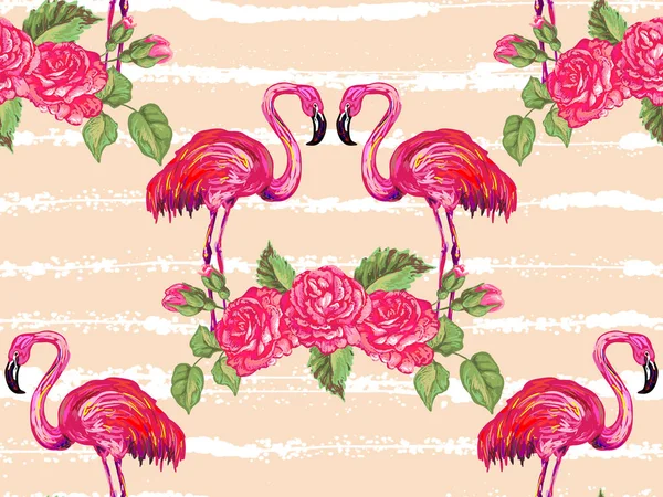 Бесшовный узор с розовым фламинго и векторным фоном из розовых цветов. Прекрасная экзотика. Перфект для обоев, заполнения узоров, фона веб-страниц, текстур поверхностей, текстиля — стоковый вектор