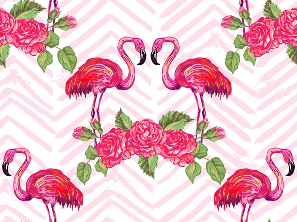 Бесшовный узор с розовым фламинго и векторным фоном из розовых цветов. Прекрасная экзотика. Перфект для обоев, заполнения узоров, фона веб-страниц, текстур поверхностей, текстиля — стоковый вектор