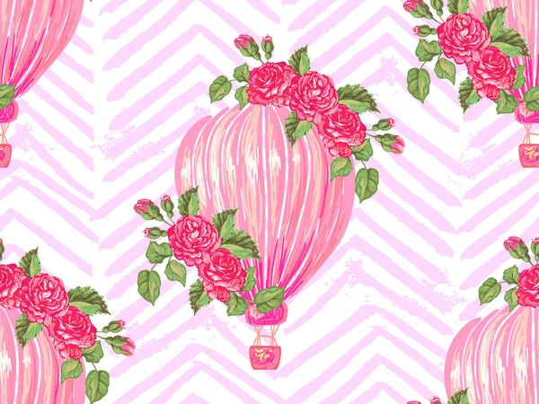 Modèle sans couture avec ballon à air chaud, fond vectoriel fleur rose. Parfait pour papier peint, remplissage de motifs, fond de page Web, textures de surface, textile — Image vectorielle