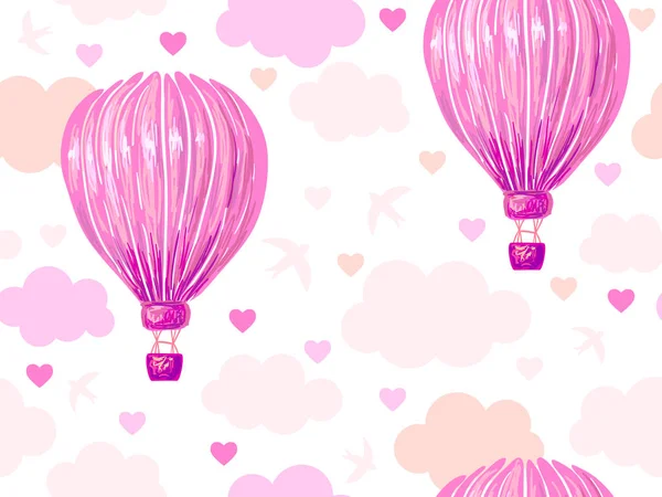 Patrón sin costura con globo de aire caliente, cielo de nubes, pájaro, fondo de vector de corazón. Amor. Perfecto para papel pintado, relleno de patrones, fondo de página web, texturas superficiales, textiles — Archivo Imágenes Vectoriales