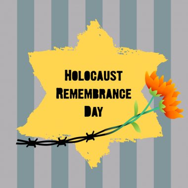 Holokost Anma Günü. Toplama kampları. Davut'un sarı yıldızı. Bu David'in yıldızı getto ve toplama kampları ve çiçekler kullanıldı. Vektör çizim