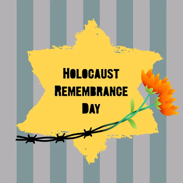 Holocaust Remembrance Day. Concentration Camps. Yellow Star of David. This David's Star was used in Ghetto and Concentration Camps and flowers. Vector illustration — Stock Vector