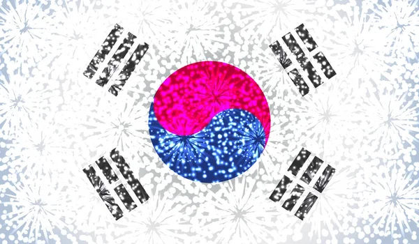 Jihokorejská národní oficiální vlajka s ohňostrojem. Rekreační zázemí. Ohňostroj: hudby, světel a ohňostroj. Blahopřání. Jihokorejské národní den plakátu nebo nápisu. Zimní sportovní design — Stockový vektor
