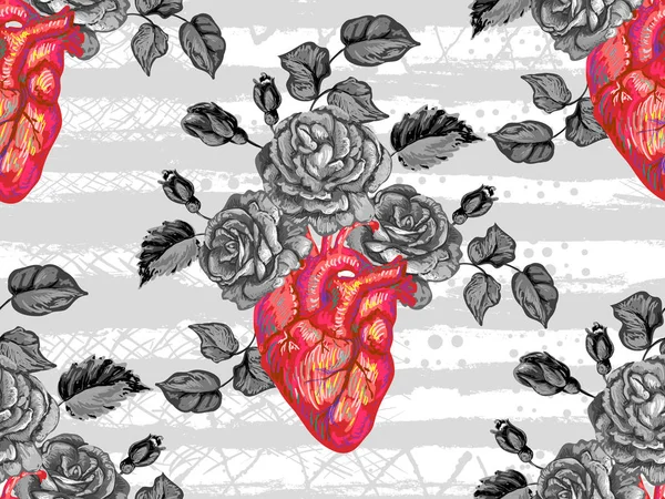 Бесшовный узор с розовым цветом и сердцем. Цветущее анатомическое человеческое сердце. Векторная ручная иллюстрация в винтажном стиле. Перфект для обоев, заполнения узоров, фона веб-страниц, текстуры поверхности — стоковый вектор