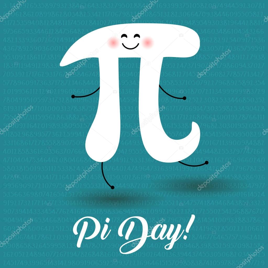 Happy Pi Day! Celebrate Pi Day. Mathematical constant. March 14th (3/14). Ratio of a circles circumference to its diameter. Constant number Pi. Party poster. Dancing Pi letter