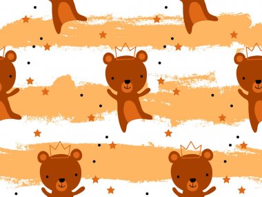 Sevimli ayı Prenses Crown ile Seamless modeli. Yaratıcı çocukça doku. Kumaşlar, tekstil vektör çizim için harika. Duvar kağıdı, desen dolgusu, web sayfası arka planı, yüzey dokuları için mükemmel