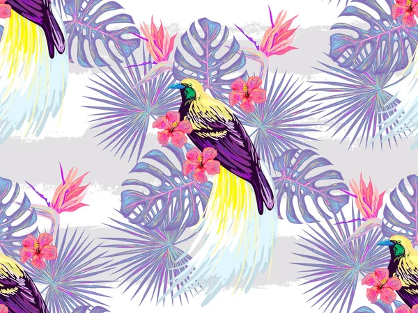 Naadloze tropische patroon. Vogel van het paradijs, tropische bloemen, palmbladeren, monstera, hibiscus bloem, jungle blad samenstelling. Exotische planten botanische vectorillustratie. Zomer ontwerp — Stockvector