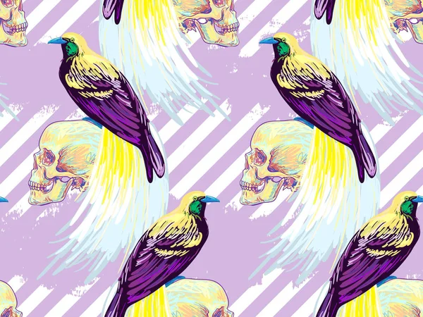 Naadloze tropische exotische patroon met vogel van het paradijs, schedel. Paradijsvogel vector achtergrond. Perfect voor achtergronden, opvulpatronen, web-pagina-achtergronden, oppervlakte texturen, textiel — Stockvector