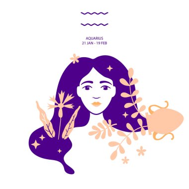 Aquarius of Zodiac 'a su taşıyıcısı, yıldız falı, vektör sanatı, illüstrasyon. Güzel kız silueti. Güzel bir kadın olarak astrolojik bir işaret. Gelecek anlatımı, yıldız falı, simya, maneviyat.