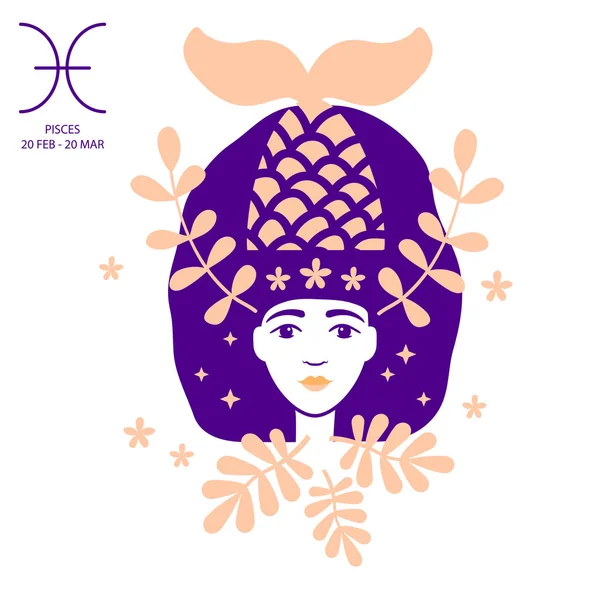 Ikan untuk Pisces zodiak dan horoskop konsep, vektor seni, ilustrasi. Siluet gadis cantik. Tanda astrologi sebagai wanita cantik. Menceritakan masa depan, horoskop, alkimia, spiritualitas, okultisme - Stok Vektor