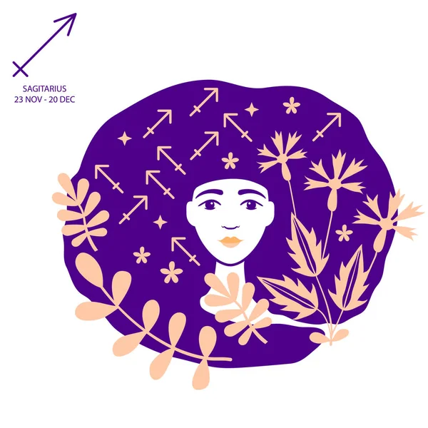 Boogschutter van zodiak en horoscoop concept, vectorkunst en illustratie. Meisje. Mooi meisje silhouet. Astrologisch teken als een mooie vrouw. Toekomstvoorspellingen, horoscoop, alchemie, spiritualiteit — Stockvector