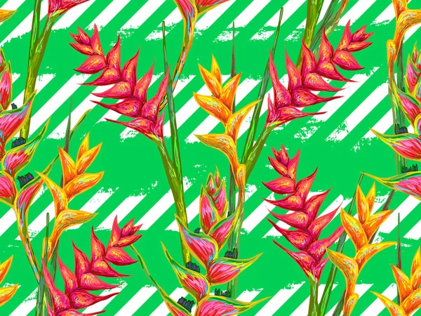 Summer jungle pattern with tropical flowers heliconia or lobster-claw vector background. Perfect for wallpapers, pattern fills, web page backgrounds, surface textures, textile — Stock Vector