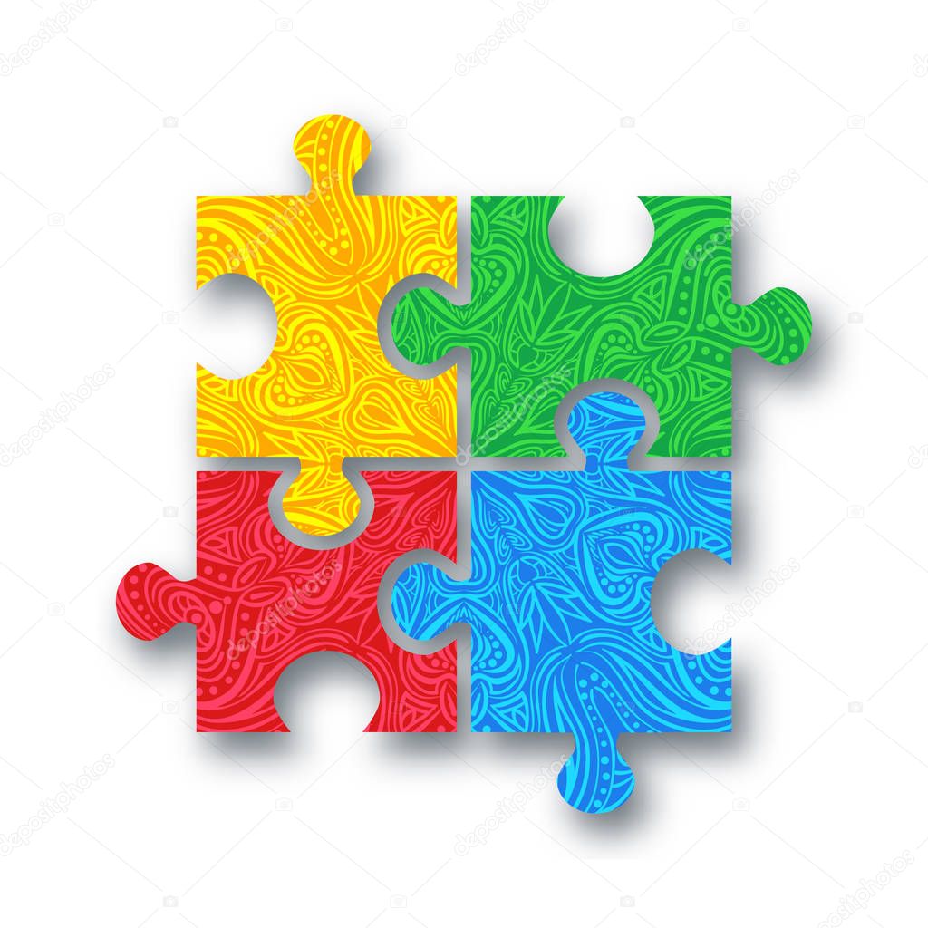 World autism awareness day. Colourful puzzle vector design hand drawn background. Symbol of autism. Logo. Medical flat illustration. Health care